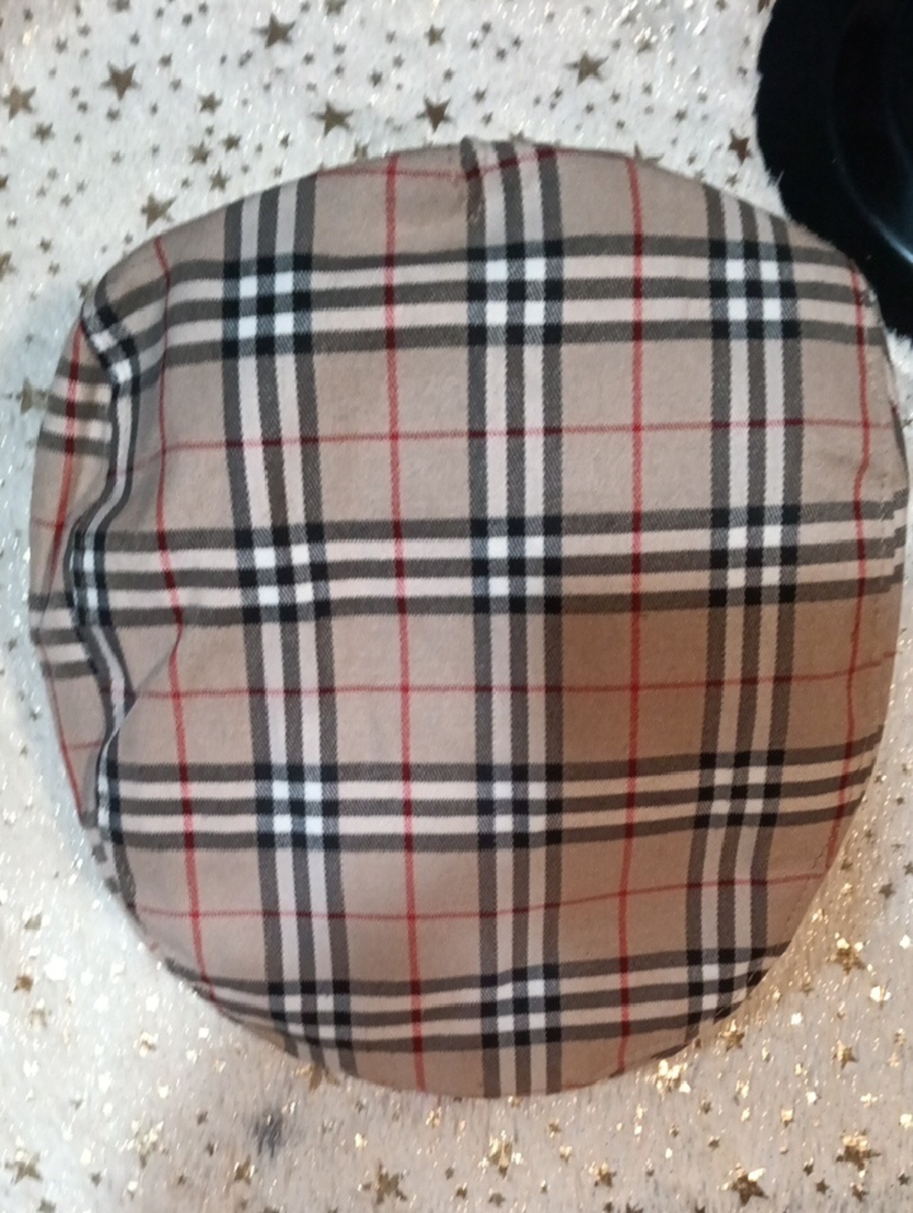 Burberry Beige Plaid Newsboy Cap with Black & Red Accents